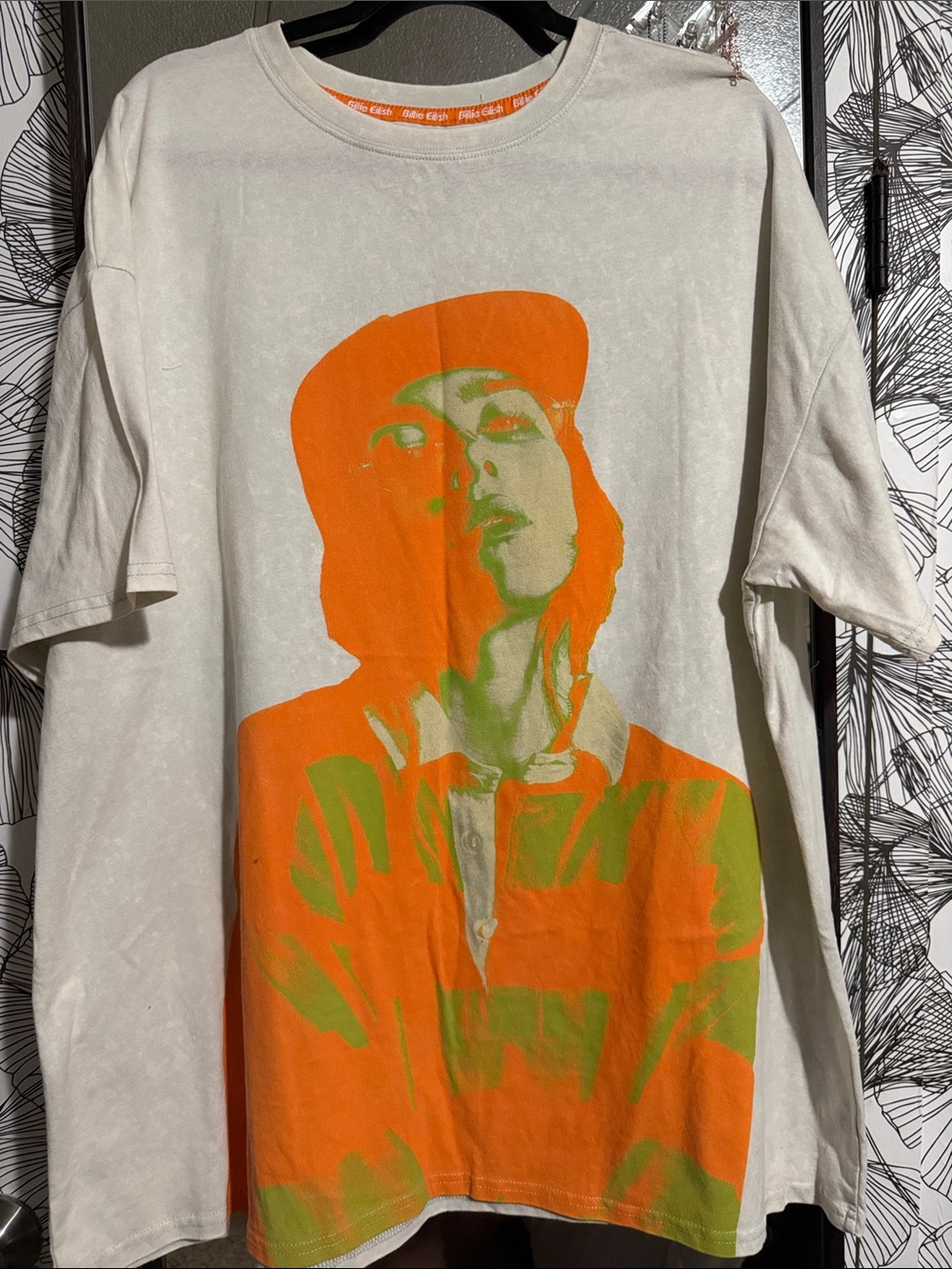 Women's White Short Sleeve Graphic Tee with Orange & Green Portrait
